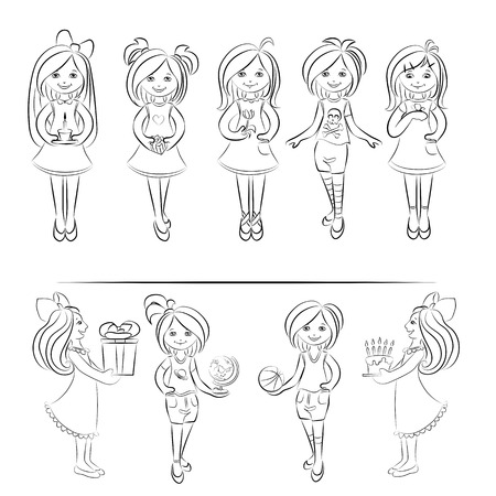 Cute little girls set hand drawn vector illustrationのイラスト素材
