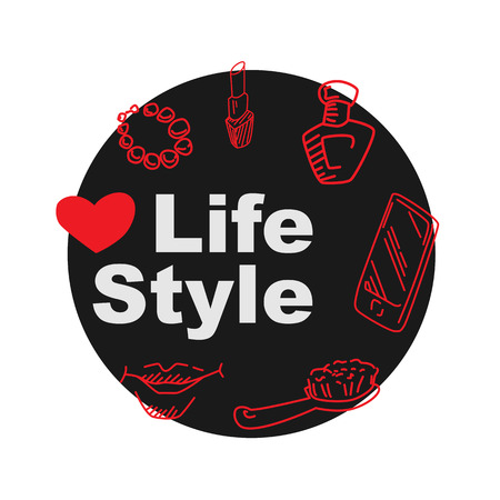 Vector set of woman's stuff. Red line icons on black round. Design elements for fashion blogのイラスト素材