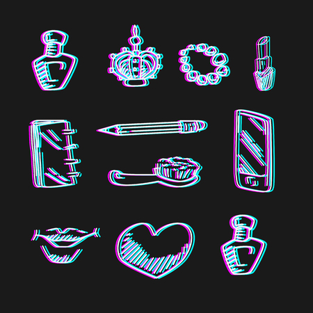 Vector set of woman's stuff stereo effect, isolated on black backgroundのイラスト素材