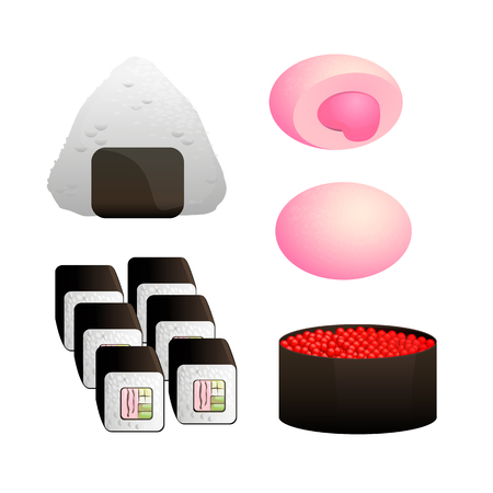 Japanese rice ball onigiri, sushi, roll and  mochi vector isolated on whiteのイラスト素材
