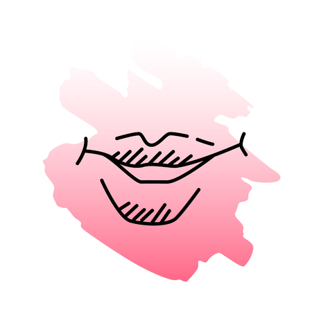 Vector illustration of mouth. Black line doodle lips on pink blotのイラスト素材
