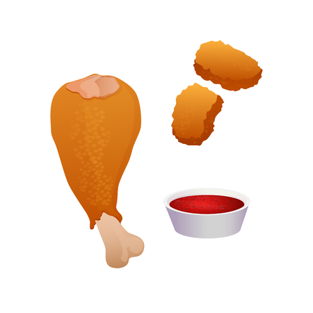 Chicken leg, nuggets and sauce vector illustration isolated on white backgroundのイラスト素材
