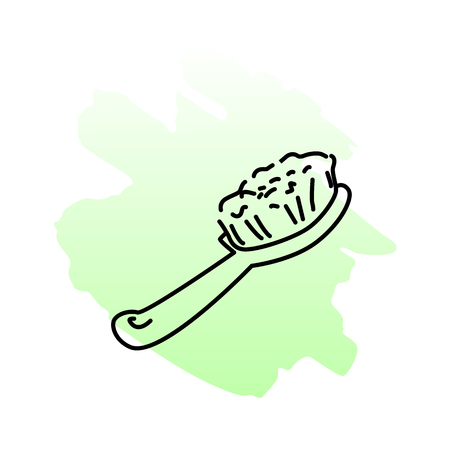 Vector illustration of comb. Black line doodle hairbrush on green blotのイラスト素材