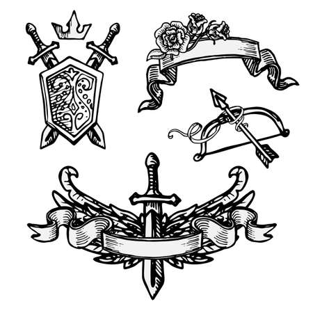 Set of decorative vintage elements. Hand drawn vector sketches for tatoo or web designのイラスト素材