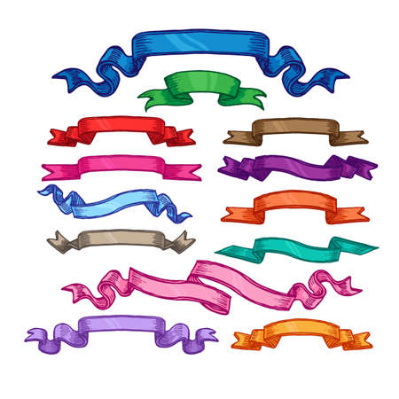 Vintage ribbon banners hand drawn illustration isolated on white background. Set of vector elements for design.のイラスト素材