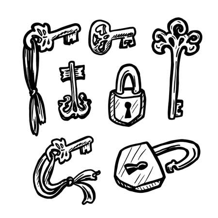 Set of keys and padlock isolated on white backgroundのイラスト素材