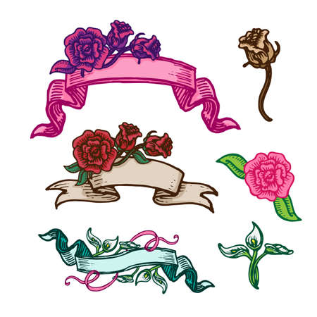 Set of flowers and decorative banners isolated on white backgroundのイラスト素材