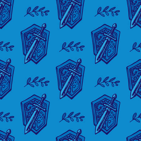 seamless pattern of hand drawned shield and sword on blue backgroundのイラスト素材