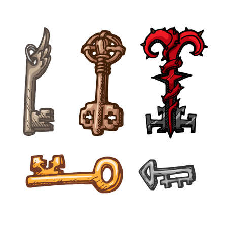 Set of hand drawn fantasy keys isolated on white background. Vector game itemsのイラスト素材