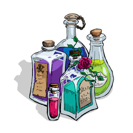 Composition of alchemy bottles isolated on white backgroundのイラスト素材
