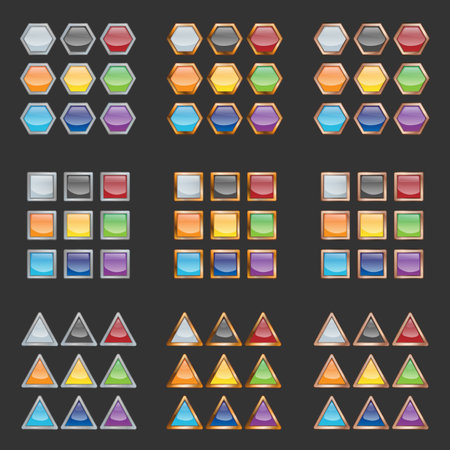 Set of bright blank buttons. Metalic frames for skills or elements of user interface for mobile gamesのイラスト素材