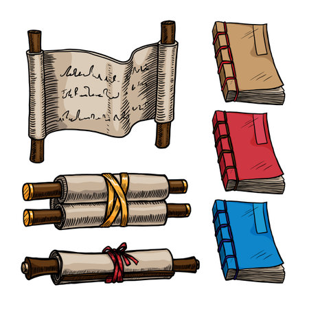Set of scrolls and books isolated on white background vector illustrationのイラスト素材