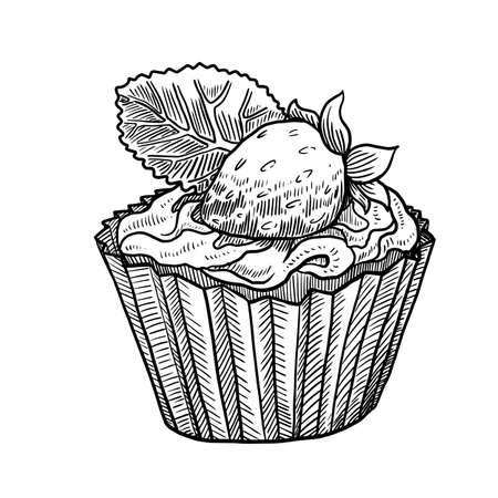 Cupcake with strawberry vector illustration isolated on white backgroundのイラスト素材