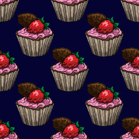 Cupcake with strawberry vector illustration seamless pattern