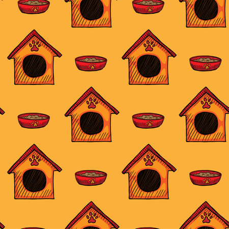 Pet bowl and house vector seamless patternのイラスト素材