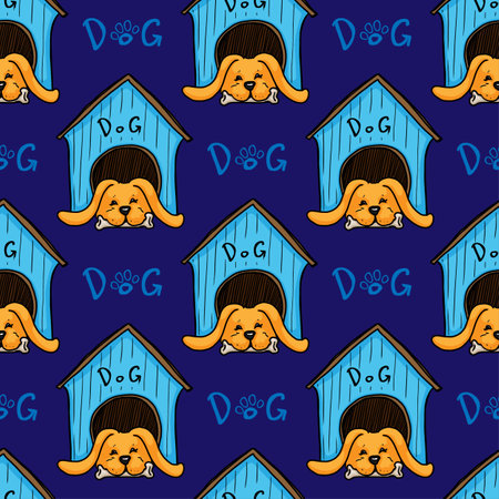 Dog in dog house vector illustration seamless patternのイラスト素材