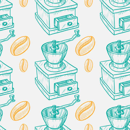 coffee beans and grinder vector seamless patternのイラスト素材