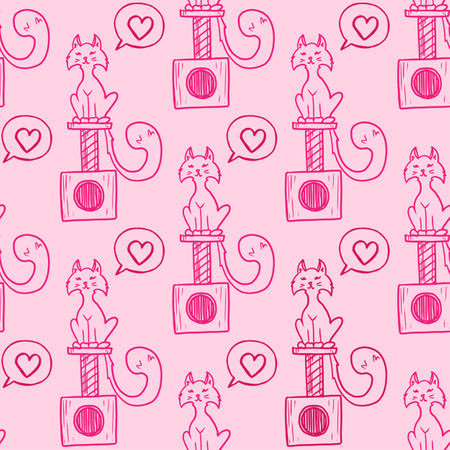 Cat sitting on cat house vector seamless patternのイラスト素材