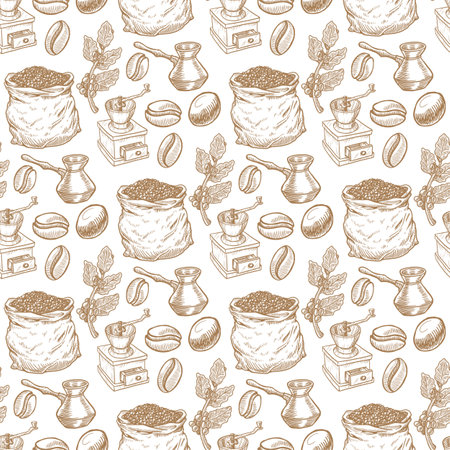 Set of coffee elements vector seamless patternのイラスト素材