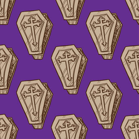 Gothic vector seamless pattern of coffin on purple backgroundのイラスト素材