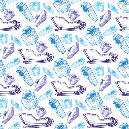 Christmas sleigh and gifts vector seamless pattern on white backgroundのイラスト素材