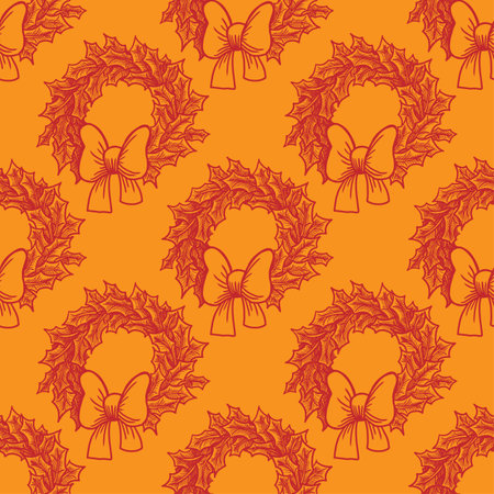 Christmas wreath vector seamless pattern on yellow backgroundのイラスト素材