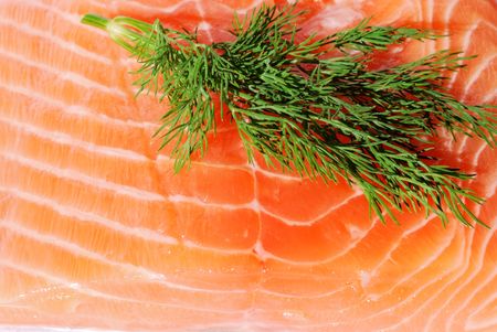 Piece of raw salmon with dill sprigの写真素材