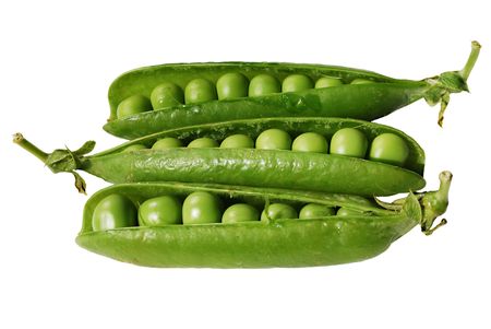Open pea pods isolated on white background