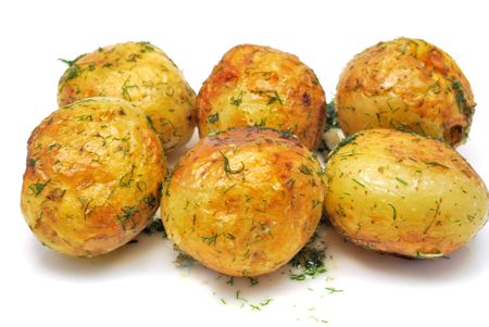Fried whole potatoes with dill and garlicの写真素材