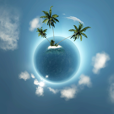 small planet with island and ocean and palm treesの写真素材