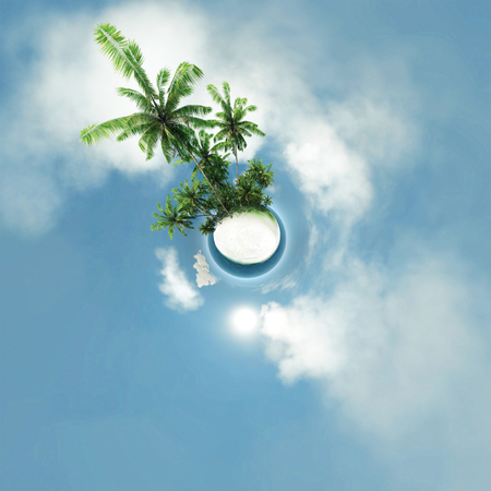 small planet ocean tropical island palm trees 3D illustration