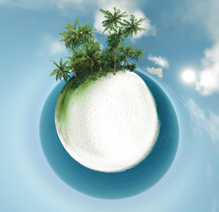 small planet, ocean, tropical island, palm trees 3D illustrationの写真素材