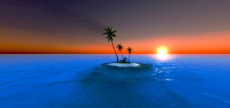 sea tropical island palm trees sun 3D illustration