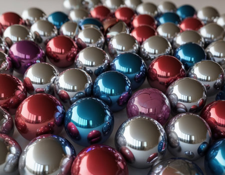 abstract balls made of multi-colored glass and multi-colored chrome mixed randomly scattered on a white backgroundの素材