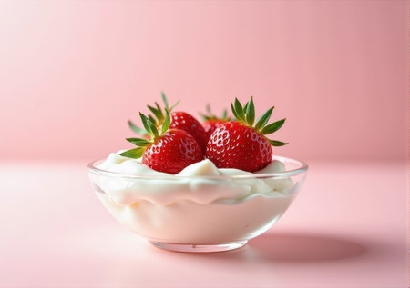 strawberry close-up in a glass saucer yogurt sour cream drips splashes beautiful tasty on a white-pink background clean bright lightの素材