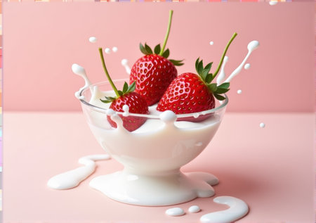 strawberry close-up in a glass saucer yogurt sour cream drips splashes beautiful tasty on a white-pink background clean bright lightの素材