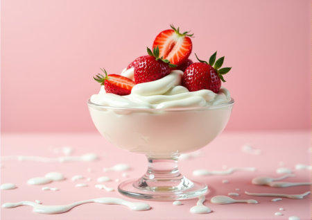 strawberry close-up in a glass saucer yogurt sour cream drips splashes beautiful tasty on a white-pink background clean bright lightの素材