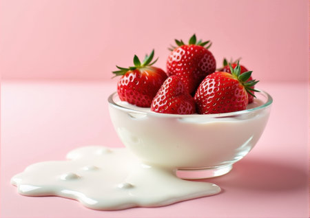 strawberry close-up in a glass saucer yogurt sour cream drips splashes beautiful tasty on a white-pink background clean bright lightの素材