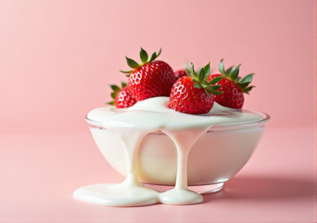 strawberry close-up in a glass saucer yogurt sour cream drips splashes beautiful tasty on a white-pink background clean bright lightの素材