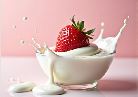strawberry close-up in a glass saucer yogurt sour cream drips splashes beautiful tasty on a white-pink background clean bright lightの素材