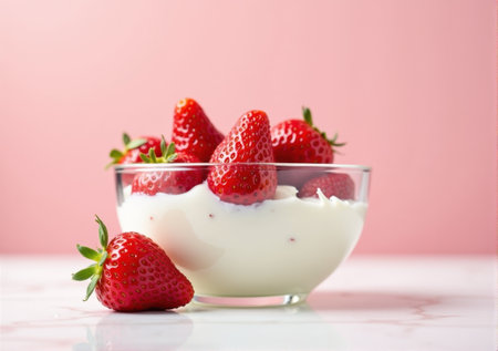 strawberry close-up in a glass saucer yogurt sour cream drips splashes beautiful tasty on a white-pink background clean bright lightの素材