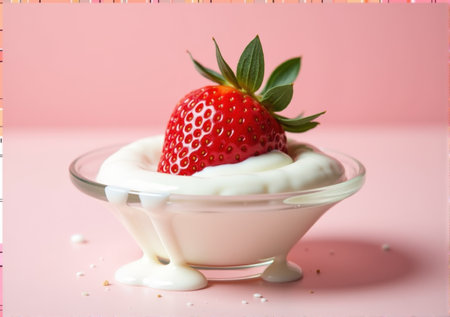strawberry close-up in a glass saucer yogurt sour cream drips splashes beautiful tasty on a white-pink background clean bright lightの素材