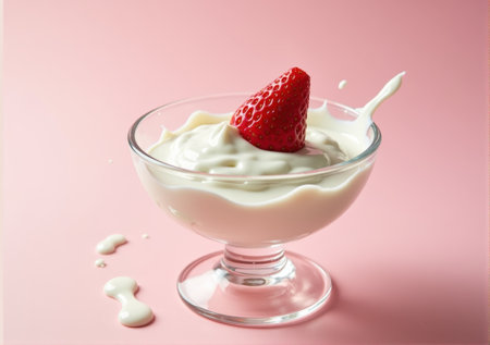 strawberry close-up in a glass saucer yogurt sour cream drips splashes beautiful tasty on a white-pink background clean bright lightの素材