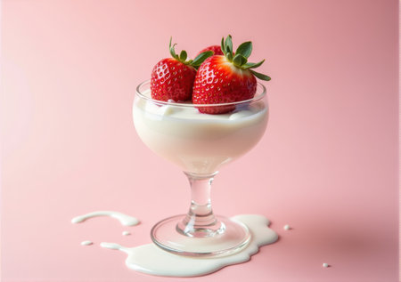 strawberry close-up in a glass saucer yogurt sour cream drips splashes beautiful tasty on a white-pink background clean bright lightの素材