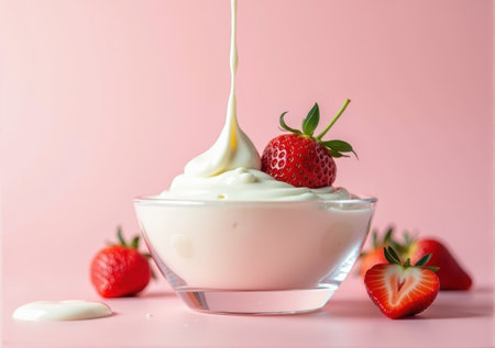 strawberry close-up in a glass saucer yogurt sour cream drips splashes beautiful tasty on a white-pink background clean bright lightの素材