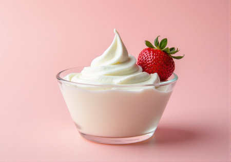 strawberry close-up in a glass saucer yogurt sour cream drips splashes beautiful tasty on a white-pink background clean bright lightの素材
