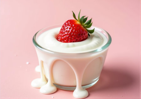 strawberry close-up in a glass saucer yogurt sour cream drips splashes beautiful tasty on a white-pink background clean bright lightの素材