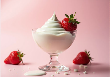 strawberry close-up in a glass saucer yogurt sour cream drips splashes beautiful tasty on a white-pink background clean bright lightの素材