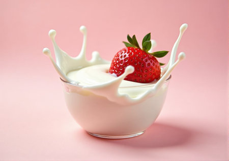 strawberry close-up in a glass saucer yogurt sour cream drips splashes beautiful tasty on a white-pink background clean bright lightの素材