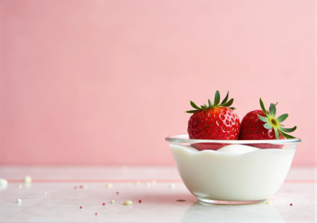strawberry close-up in a glass saucer yogurt sour cream drips splashes beautiful tasty on a white-pink background clean bright lightの素材
